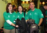 29 September 2007; Co. Down volunteers Lynsey McDowell , Dromore, Gerladine Graham, Castlewellan, Allister Campbell, Lisburn, pictured at Dublin Airport prior to boarding an Aer Lingus sponsored flight to London Heathrow en route to the 2007 Special Olympics World Summer Games in China. In total 200 Special Olympics Ireland volunteers will make the trip to the Games will take place in Shanghai from the 2nd October to the 11th October 2007. Ireland will be represented by a 143 athletes and 55 coaches. Dublin Airport, Dublin. Picture credit: Ray McManus / SPORTSFILE