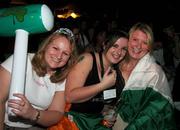 30 September 2007; Grayle Smythe, left, Black Skull, Co. Down, Ann-Maria Breen, Lisnaskea, Co. Fermanagh, and Catherine Higgins, right, Lisburn, Co. Antrim, Irish volunteers at the 2007 Special Olympics World Summer Games in Shanghi, China, watch the 2007 Rugby World Cup, Pool D, Ireland v Argentina game from, Parc des Princes, Paris, France, in O'Malleys Irish Pub in Shanghai, China. Picture credit: Ray McManus / SPORTSFILE