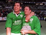 19 March 2000; Ireland players Andy Ward, left, and David Humphreys celebrate after the Six Nations Rugby Championship match between France and Ireland at the Stade de France in Paris, France. Photo by Ray Lohan/Sportsfile *** Local Caption ***