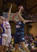 30 January 2000; Ann Marie Kyne of Meteors in action against Cathriona White of Avonmore Wildcats during the Senior Women's Sprite Cup Final match between Avonmore Wildcats and Meteors at National Basketball Arena in Tallaght, Dublin. Photo by Brendan Moran/Sportsfile