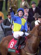 15 March 2000; Charlie Swan celebrates winning The Weatherbys Champion Bumper on Joe Cullen on day two of the Cheltenham Racing Festival at Prestbury Park in Cheltenham, England. Photo by Matt Browne/Sportsfile