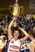 30 January 2000; The Avonmore Wildcats captain Christine Kiely lifts the cup after the Senior Women's Sprite Cup Final match between Avonmore Wildcats and Meteors at National Basketball Arena in Tallaght, Dublin. Photo by Brendan Moran/Sportsfile