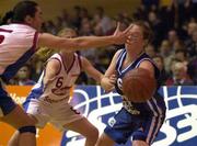 29 January 2000; Ciara Fenton of Killester in action against Jillian Hayes, left, and Olivia O'Reilly, 6, of Avonmore Wildcats during the Senior Women's Sprite Cup Semi-Final match between Avonmore Wildcats v Killester at the National Basketball Arena in Tallaght, Dublin. Photo by Brendan Moran/Sportsfile