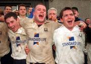 25 April 1999; Cork Constitution players, from left, Brian O'Meara, Frank Sheahan and Conor Mahoney celebrate after the AIB Rugby League Division 1 Semi-Final match between Cork Constitution v Buccaneers at Temple Hill in Cork. Photo by Matt Browne/Sportsfile