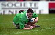 18 March 2000; David Wallace of Ireland scores a try during the Six Nations A Rugby Championship match between France and Ireland at Stade Marcel-Michelin in Clermont-Ferrand, France. Photo by Matt Browne/Sportsfile