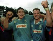 24 April 1999; Garryowen players David Wallace, left, and Conor Kilroy celebrate after the AIB All-Ireland League match between Garryowen and St Mary's College at Dooradoyle in Limerick. Photo by Matt Browne/Sportsfile