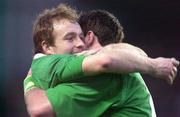 19 February 2000; Ireland players Denis Hickie, left, and Shane Horgan celebrate after the Lloyds TSB 6 Nations match between Ireland and Scotland at Lansdowne Road in Dublin. Photo by Brendan Moran/Sportsfile