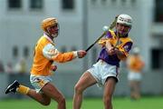 24 July 1999; Des Mythen of Wexford in action against Ciarán Herron of Antrim during the All-Ireland Minor Hurling Championship Quarter-Final match between Antrim and Wexford at Parnell Park in Dublin. Photo by Ray Lohan/Sportsfile