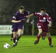 7 January 2000; Donal Broughan of St Patrick's Athletic in action against Billy Clery of Galway United during the FAI Harp Cup Second Round match between Galway United and St Patrick's Athletic at Terryland Park in Galway. Photo by Matt Browne/Sportsfile *** Local Caption ***