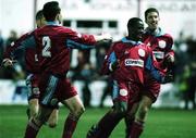 7 January 2000; Eric Lavine of Galway United, second from right, celebrates his goal during the FAI Harp Cup Second Round match between Galway United and St Patrick's Athletic at Terryland Park in Galway. Photo by Matt Browne/Sportsfile