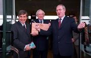 16 January 2000; Minister for Agriculture, Food and Rural Development, Joe Walsh TD, who officially opened the Powers Gold Label Stand in the presence of Denis Brosnan, left, Chairman, Irish Horseracing Authority and  Dr Frank O'Reilly, Chairman of Fairyhouse Racecourse at Fairyhouse Racecourse in Meath. Photo by Ray McManus/Sportsfile