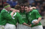 18 March 2000; David Wallace of Ireland, right, celebrates scoring a try with team-mates, from left, Eric Elwood, Killian Keane and Paul Wallace during the Six Nations A Rugby Championship match between France and Ireland at Stade Marcel-Michelin in Clermont-Ferrand, France. Photo by Matt Browne/Sportsfile