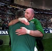 19 March 2000; Ireland captain Keith Wood celebrates with Ireland coach Warren Gatland after the Six Nations Rugby Championship match between France and Ireland at the Stade de France in Paris, France. Photo by Ray Lohan/Sportsfile