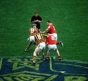 6 September 1992; Referee Dickie Murphy throws the ball in between Kilkenny pair Bill Hennessy with Michael Phelan and Seán McCarthy and Pat Buckley of Cork to start the All-Ireland Hurling Championship Final match between Kilkenny and Cork at Croke Park in Dublin. Photo by David Maher/Sportsfile