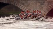 25 March 2000; Trinity Boat Crew on their way to victory against UCD in the  Boru Vodka Gannon Cup Boat Race on the River Liffey in Dublin. Photo by David Maher/Sportsfile