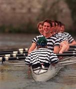 25 March 2000; James Renehan, the Trinity Stroke and his colleagues, listen to the instructions of the Cox, Fiona Mulcahy, on their way to victoryagainst UCD in the  Boru Vodka Gannon Cup Boat Race on the River Liffey in Dublin. Photo by David Maher/Sportsfile