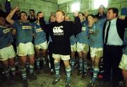 24 April 1999; Kieran Ronan of Garryowen, centre, leads the celebrations in the Garryowen dressing room after the AIB All-Ireland League match between Garryowen and St Mary's College at Dooradoyle in Limerick. Photo by Matt Browne/Sportsfile