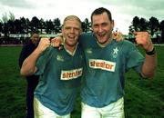 24 April 1999; Garryowen players Niall Hartigan and Rob Laffan celebrate after the AIB All-Ireland League match between Garryowen and St Mary's College at Dooradoyle in Limerick. Photo by Matt Browne/Sportsfile