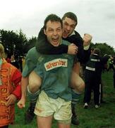 24 April 1999; Garryowen players David Peters and Colin Varley, behind, celebrate after the AIB All-Ireland League match between Garryowen and St Mary's College at Dooradoyle in Limerick. Photo by Brendan Moran/Sportsfile