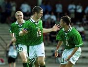 21 July 1999; Graham Barrett of Republic of Ireland, 15, celebrates after scoring his side's first goal with team-mates Colin Healy, left, and Richie Partridge during the Under 18 Championship Group B Round 2 match between Republic of Ireland and Georgia at the Grosvard Stadium in Finspang, Sweden. Photo by David Maher/Sportsfile