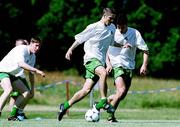 17 July 1999; Graham Barrett gets past Clive Clarke, right, and Conor O'Grady during a Republic of Ireland training session at Karlbergsplan in Linkoping, Sweden. Photo by David Maher/Sportsfile