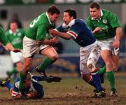 3 March 2000; John Kelly of Ireland in action against Corado Pilat, right, and Ezio Galon of Italy during the Six Nations A Rugby Championship match between Ireland and Italy at Donnybrook Stadium in Dublin. Photo by Matt Browne/Sportsfile