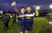 15 January 2000; Leinster players John McWeeney, left, and Trevor Brennan celebrate after the Heineken Cup Pool 1 Round 6 match between Leicester and Leinster at Welford Road in Leicester, England. Photo by Brendan Moran/Sportsfile