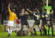 15 January 2000; Robert Casey of Leinster celebrates scoring a try with team-mates Peter McKenna and Liam Toland, 7, during the Heineken Cup Pool 1 Round 6 match between Leicester and Leinster at Welford Road in Leicester, England. Photo by Brendan Moran/Sportsfile