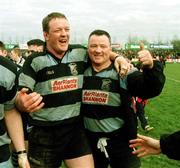27 March 1999; Shannon players Mick Galwey, left, and Noel Healy celebrate after the AIB All-Ireland League Division 1 match between Buccaneers and Shannon at Buccaneers RFC in Athlone, Westmeath. Photo by Matt Browne/Sportsfile