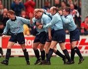 17 March 2000; Tony McCarthy of Shelbourne, centre,  celebrates after scoring his side's winning goal with team-mates, left to right, Mark Hutchinson, Stephen Geoghegan, Paul Doolin and Richie Baker during the Eircom League Premier Division match between St Patrick's Athletic and Shelbourne at Richmond Park in Dublin. Photo by David Maher/Sportsfile
