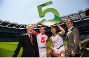 1 June 2016; Ard Stiúrthoir of the GAA Paraic Duffy, Monaghan footballer Conor McManus, left, Cork footballer Eoin Cadogan, and Jon Florsheim, Managing Director of eir Consumer at a photcall as eir has today announced its intention to partner with the GAA until 2020 in what is a major sponsorship deal for both parties. The multi-million euro sponsorship will be supported by an advertising and communications campaign that is being developed to showcase how technology is positively impacting the game, players’ preparation, fans and communities involved. As the official telecommunications partner of the GAA, eir connects people, places and GAA fans across the country. Croke Park, Dublin. Photo by Sportsfile