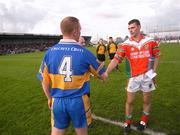 30 September 2007; Padraig Jones, captain of Dromard, shakes hands with Francis Kavanagh, captain of Colmcille, before the start of the game. Longford Senior Football Championship Final, Dromard v Colmcille, Pearse Park, Longford. Picture credit; David Maher / SPORTSFILE