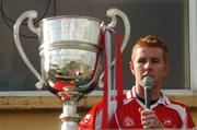 30 September 2007; Ballintubber captain Tom Earley makes his speech after lifting the cup. TF Royal Hotel and Theatre Mayo Intermediate Football Championship Final, Ballintubber v Kiltimagh, McHale Park, Castlebar, Co. Mayo. Picture credit; Pat Murphy / SPORTSFILE *** Local Caption ***