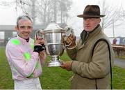 22 January 2015; Jockey Ruby Walsh and trainer Willie Muillins hold the Thyestes Cup after victory in the Goffs Thyestes Handicap Steeplechase on Djakadam. Gowran Park, Gowran, Co. Kilkenny. Picture credit: Matt Browne / SPORTSFILE