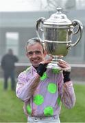 22 January 2015; Jockey Ruby Walsh with the Thyestes Cup after winning the Goffs Thyestes Handicap Steeplechase on Djakadam. Gowran Park, Gowran, Co. Kilkenny. Picture credit: Matt Browne / SPORTSFILE