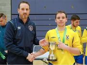 22 January 2015; Gerard Dunne, FAI, presents the cup to Conor Coad, Waterford IT, after the Final of the FAI Colleges National Futsal Finals. IT Sligo, Sligo. Photo by Sportsfile