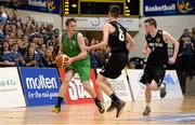 19 January 2015; James Byrne, Ard Scoil Rathangan, in action against Thomas Vaughan, centre, and Matthew Deeney, St Eunan's College. All-Ireland Schools Cup U19A Boys Final, St Eunan's College v Ard Scoil Rathangan. National Basketball Arena, Tallaght, Dublin. Picture credit: Barry Cregg / SPORTSFILE