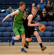 19 January 2015; Sean McGettigan, St Eunan's College, in action against Shane Maughan, Ard Scoil Rathangan,. All-Ireland Schools Cup U19A Boys Final, St Eunan's College v Ard Scoil Rathangan. National Basketball Arena, Tallaght, Dublin. Picture credit: Barry Cregg / SPORTSFILE