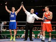23 January 2015: Adam Nolan, Bray Boxing Club, celebrates victory over John Joe Joyce, St. Michael's Boxing Club, Athy, after their 69kg bout. National Elite Boxing Championship Finals, National Stadium, Dublin. Picture credit: Ray Lohan / SPORTSFILE