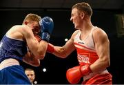 23 January 2015; Michael O'Reilly, right, Portlaoise Boxing Club, exchanges punches with Stephen Broadhurst, Dealgan Boxing Club, Dundalk, during their 75 kg bout. National Elite Boxing Championship Finals. National Stadium, Dublin. Picture credit: Cody Glenn / SPORTSFILE