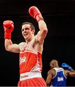 23 January 2015; Darren O'Neill, Paulstown Boxing Club, Kilkenny, celebrates his win over Ken Okungbowa, Athlone Boxing Club, after their 91 kg bout. National Elite Boxing Championship Finals. National Stadium, Dublin. Picture credit: Cody Glenn / SPORTSFILE