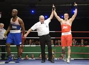 23 January 2015: Darren O'Neill, Paulstown Boxing Club, Kilkenny, celebrates victory over Ken Okungbowa, Athlone Boxing Club, after their 91kg bout. National Elite Boxing Championship Finals, National Stadium, Dublin. Picture credit: Ray Lohan / SPORTSFILE