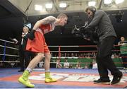 23 January 2015: Dean Walsh, St.Josephs/St.Ibars Boxing Club, Wexford, celebrates after victory over Ray Moylette, St.Annes, Mayo, 64kg bout. National Elite Boxing Championship Finals, National Stadium, Dublin. Picture credit: Ray Lohan / SPORTSFILE