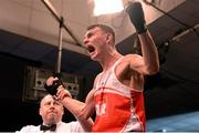 23 January 2015; Sean McComb, Holy Trinity Boxing Club, Belfast, celebrates after being declared the winner over George Bates, St. Marys Boxing Club, Dublin, after their 60 kg bout. National Elite Boxing Championship Finals. National Stadium, Dublin. Picture credit: Cody Glenn / SPORTSFILE