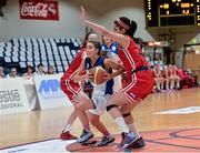 24 January 2015; Haley Lenihan, Glanmire BC, in action against Tia Kelly-Stevens, right, and Rachel Huijsdens, DCU Mercy. Basketball Ireland Women's U18 National Cup Final, DCU Mercy v Glanmire BC, National Basketball Arena, Tallaght, Dublin. Picture credit: Piaras O Midheach / SPORTSFILE