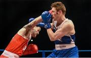 23 January 2015; Roy Sheehan, left, St. Michaels Boxing Club/Defence Forces, exchanges punches with Matthew Tinker, St. Francis Boxing Club, Limerick, during their 81 kg bout. National Elite Boxing Championship Finals. National Stadium, Dublin. Picture credit: Cody Glenn / SPORTSFILE