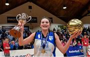 24 January 2015; Glanmire BC captain Sarah Kenny celebrates with the trophy and her MVP award after the game. Basketball Ireland Women's U18 National Cup Final, DCU Mercy v Glanmire BC, National Basketball Arena, Tallaght, Dublin. Picture credit: Piaras O Midheach / SPORTSFILE