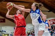 24 January 2015; Tia Kelly-Stevens, DCU Mercy, in action against Jordi Forde, Glanmire BC. Basketball Ireland Women's U18 National Cup Final, DCU Mercy v Glanmire BC, National Basketball Arena, Tallaght, Dublin. Picture credit: Piaras O Midheach / SPORTSFILE