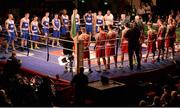 23 January 2015; Boxers from blue and red corners are introduced. National Elite Boxing Championship Finals. National Stadium, Dublin. Picture credit: Cody Glenn / SPORTSFILE