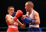 23 January 2015; Brendan Iirvine, left, St. Paul's Boxing Club, Antrim, exchanges punches with Hugh Myers, St. Brigid's Boxing Club, Kildare, during their 49 kg bout. National Elite Boxing Championship Finals. National Stadium, Dublin. Picture credit: Cody Glenn / SPORTSFILE